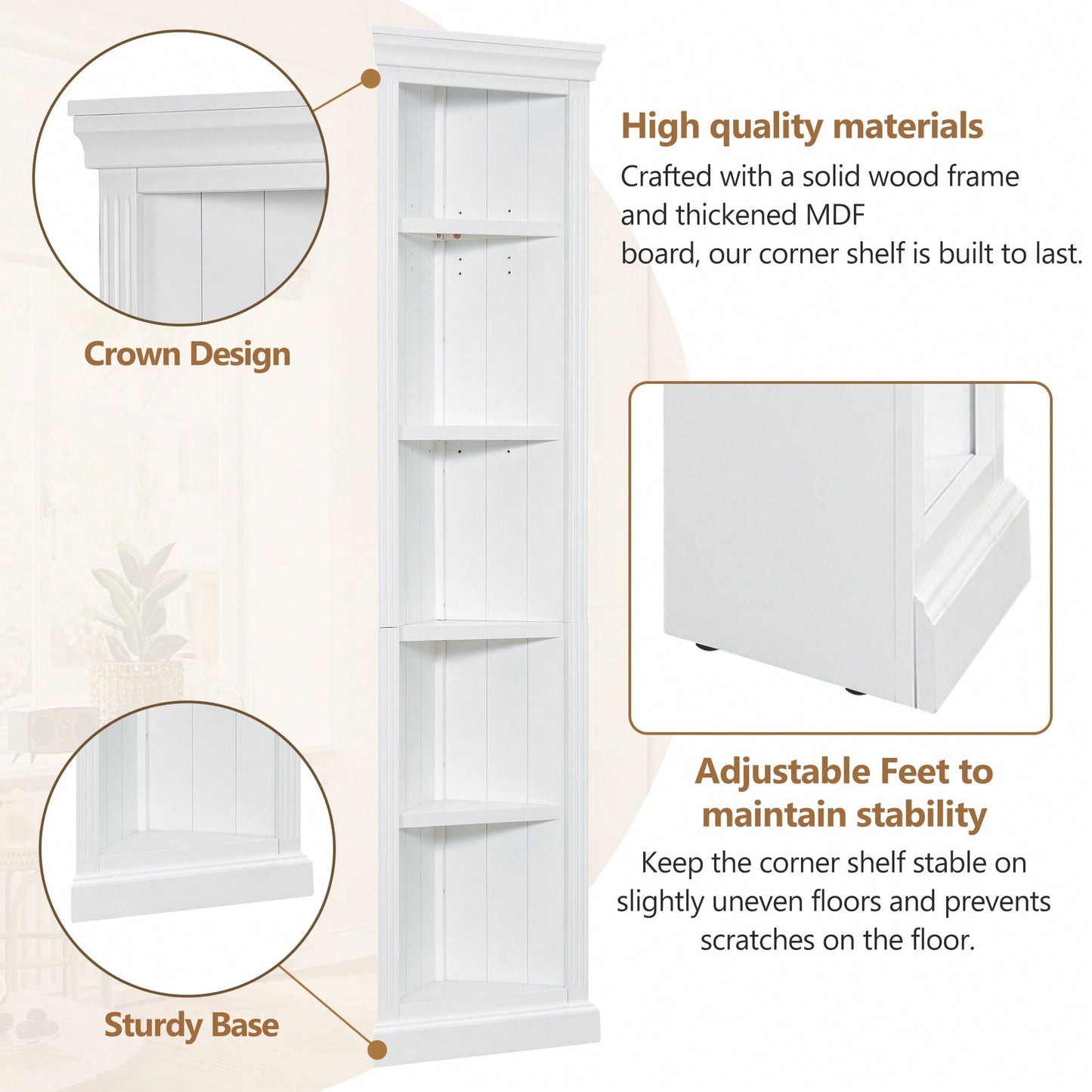 Tall 5 Tier Modern Corner Shelf Unit For Small Spaces Open Bookcase And Plant Display Stand In White For Living Room And Home Office