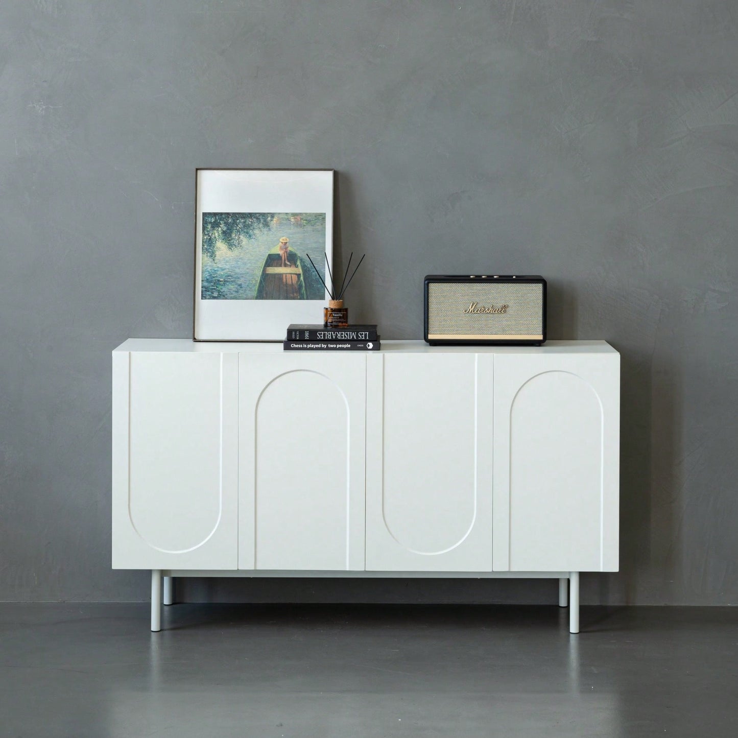 Modern Cream White 4 Door Accent Cabinet Stylish Sideboard Buffet For Living Room And Dining Room Storage