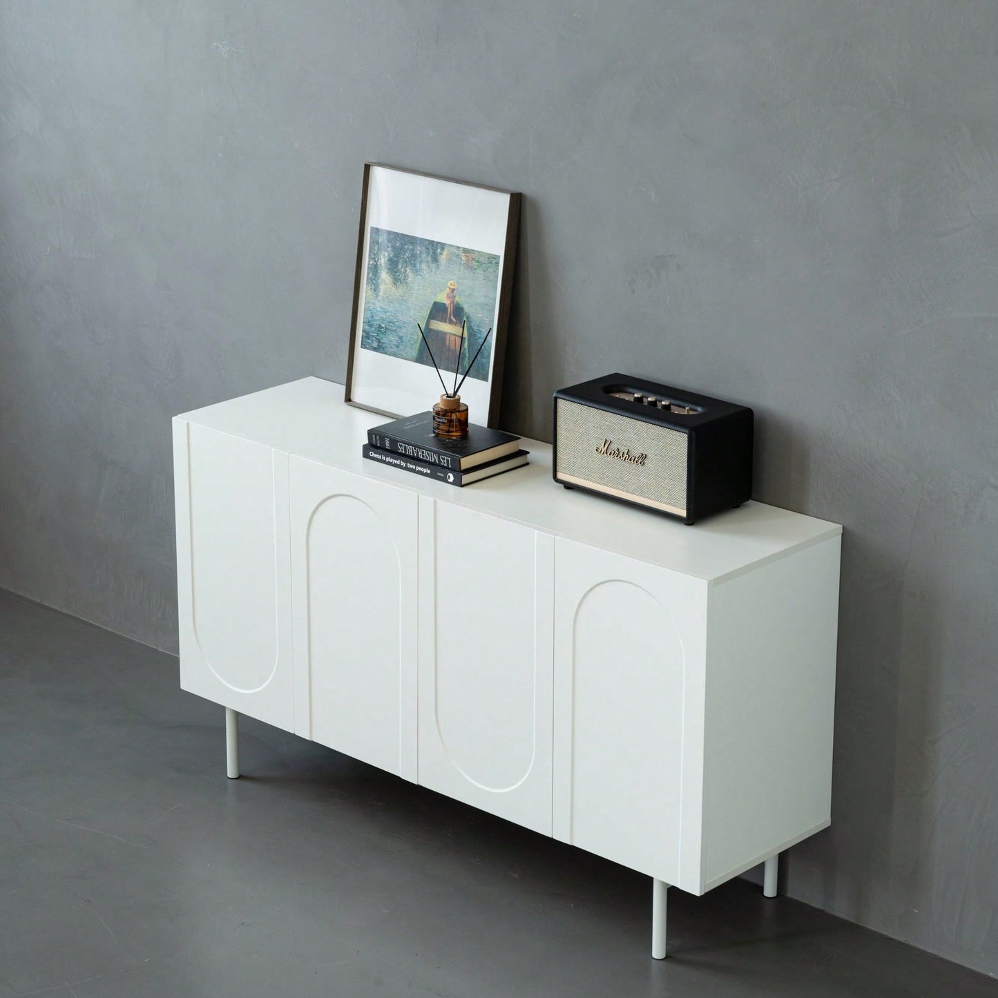 Modern Cream White 4 Door Accent Cabinet Stylish Sideboard Buffet For Living Room And Dining Room Storage