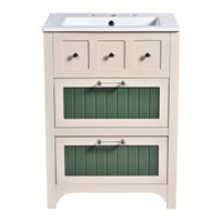 24 Inch Bathroom Vanity With Ceramic Sink And 2 Drawers, Stylish Wooden Cabinet For Modern Bathrooms