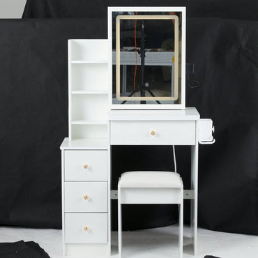 Compact Vanity Table with Cushioned Stool, 2 AC Outlets, 2 USB Ports, Hair Dryer Holder, Touch Control LED Mirror with Tri-Color Options