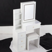 Compact Vanity Table with Cushioned Stool, 2 AC Outlets, 2 USB Ports, Hair Dryer Holder, Touch Control LED Mirror with Tri-Color Options
