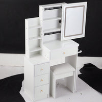 Compact Vanity Table with Cushioned Stool, 2 AC Outlets, 2 USB Ports, Hair Dryer Holder, Touch Control LED Mirror with Tri-Color Options