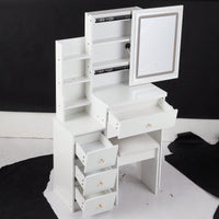 Compact Vanity Table with Cushioned Stool, 2 AC Outlets, 2 USB Ports, Hair Dryer Holder, Touch Control LED Mirror with Tri-Color Options