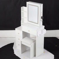 Compact Vanity Table with Cushioned Stool, 2 AC Outlets, 2 USB Ports, Hair Dryer Holder, Touch Control LED Mirror with Tri-Color Options