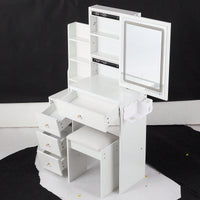 Compact Vanity Table with Cushioned Stool, 2 AC Outlets, 2 USB Ports, Hair Dryer Holder, Touch Control LED Mirror with Tri-Color Options