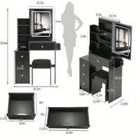 Compact Vanity Table with Cushioned Stool, 2 AC Outlets, 2 USB Ports, Hair Dryer Holder, Touch Control LED Mirror with Tri-Color Options