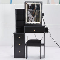 Compact Vanity Table with Cushioned Stool, 2 AC Outlets, 2 USB Ports, Hair Dryer Holder, Touch Control LED Mirror with Tri-Color Options