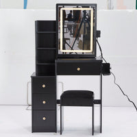 Compact Vanity Table with Cushioned Stool, 2 AC Outlets, 2 USB Ports, Hair Dryer Holder, Touch Control LED Mirror with Tri-Color Options