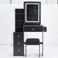 Compact Vanity Table with Cushioned Stool, 2 AC Outlets, 2 USB Ports, Hair Dryer Holder, Touch Control LED Mirror with Tri-Color Options