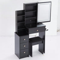 Compact Vanity Table with Cushioned Stool, 2 AC Outlets, 2 USB Ports, Hair Dryer Holder, Touch Control LED Mirror with Tri-Color Options