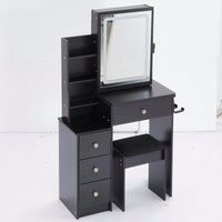 Compact Vanity Table with Cushioned Stool, 2 AC Outlets, 2 USB Ports, Hair Dryer Holder, Touch Control LED Mirror with Tri-Color Options