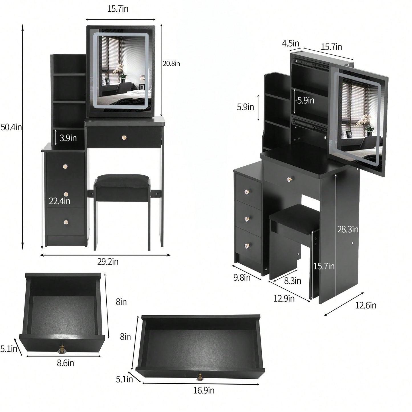 Compact Vanity Table With Cushioned Stool And Touch Control LED Mirror Tri-Color Brightness Adjustable Ideal For Small Spaces