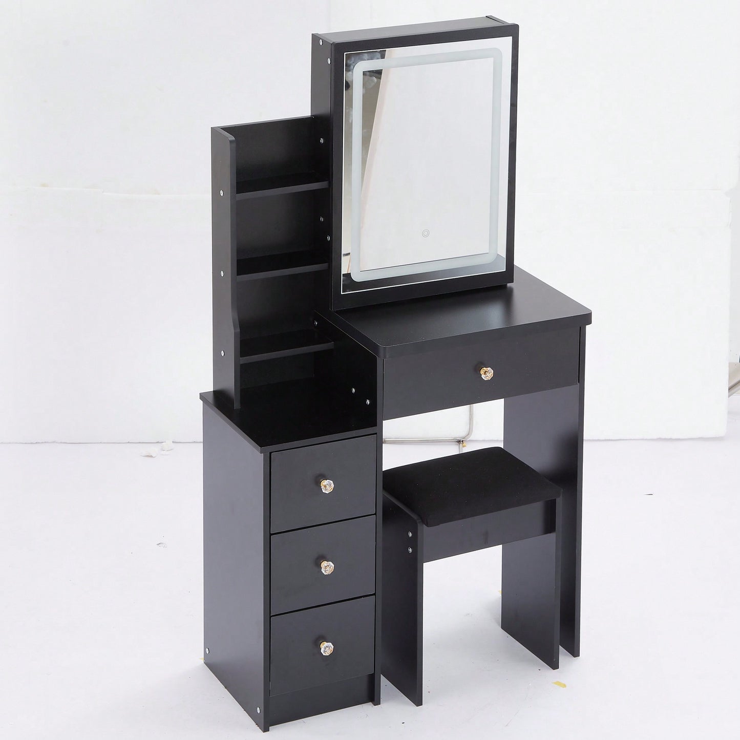 Compact Vanity Table With Cushioned Stool And Touch Control LED Mirror Tri-Color Brightness Adjustable Ideal For Small Spaces