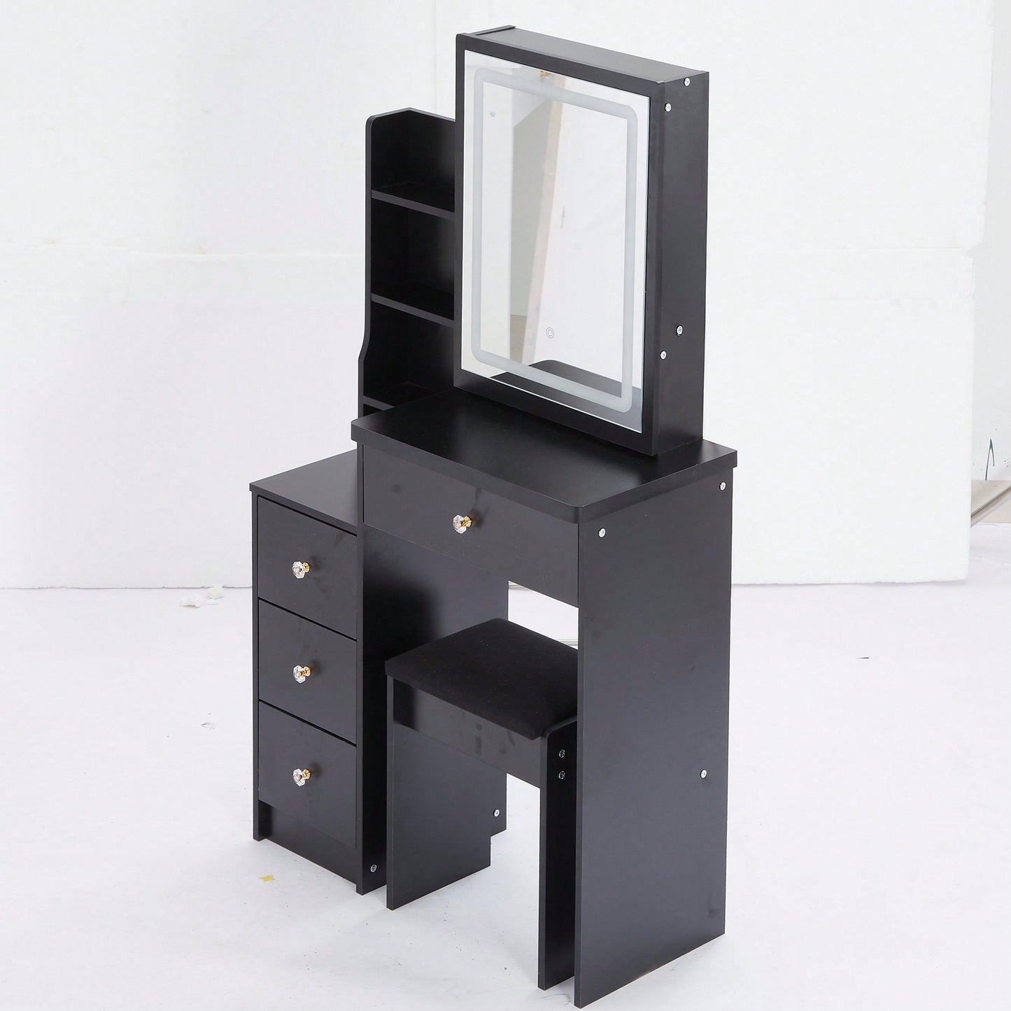 Compact Vanity Table With Cushioned Stool And Touch Control LED Mirror Tri-Color Brightness Adjustable Ideal For Small Spaces