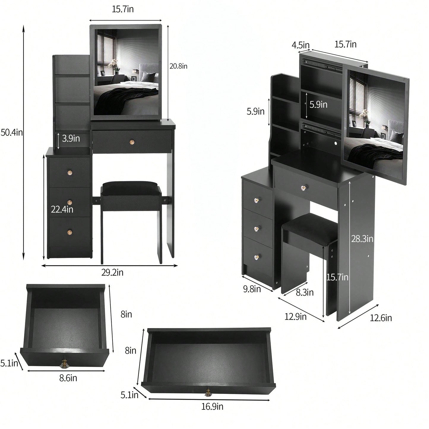 Compact Vanity Table With Cushioned Stool And Extra Large Sliding Mirror For Small Spaces High Capacity Storage Fashionable Dresser