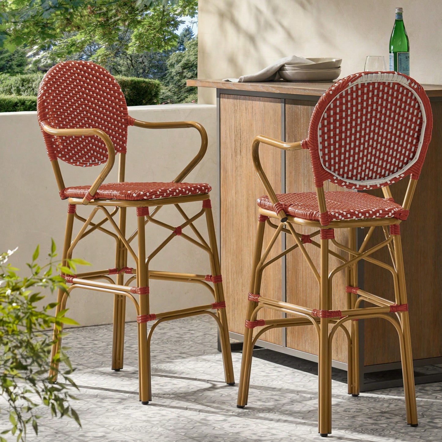 Outdoor Wicker And Aluminum French Barstools Set Of 2 With Bamboo Print Finish 29.5 Inches Navy Blue