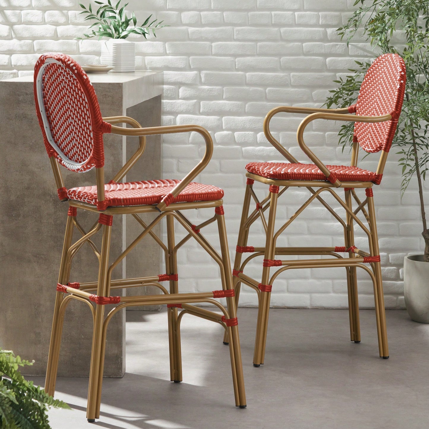 Outdoor Wicker And Aluminum French Barstools Set Of 2 With Bamboo Print Finish 29.5 Inches Navy Blue