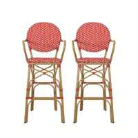 Outdoor Wicker And Aluminum French Barstools Set Of 2 With Bamboo Print Finish 29.5 Inches Navy Blue