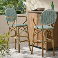 Outdoor Wicker And Aluminum French Barstools Set Of 2 With Bamboo Print Finish 29.5 Inches Navy Blue