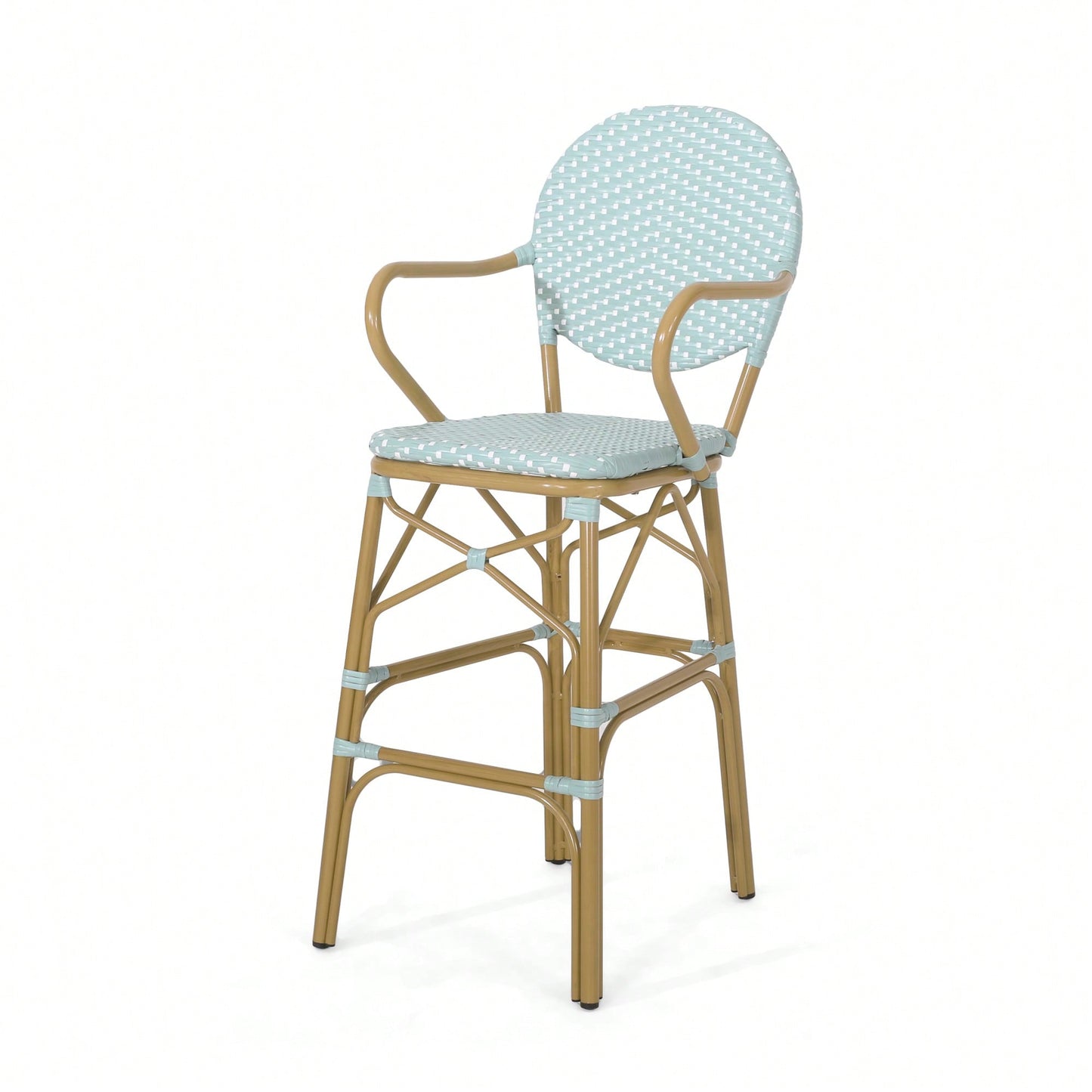 Outdoor Wicker And Aluminum French Barstools Set Of 2 With Bamboo Print Finish 29.5 Inches Navy Blue