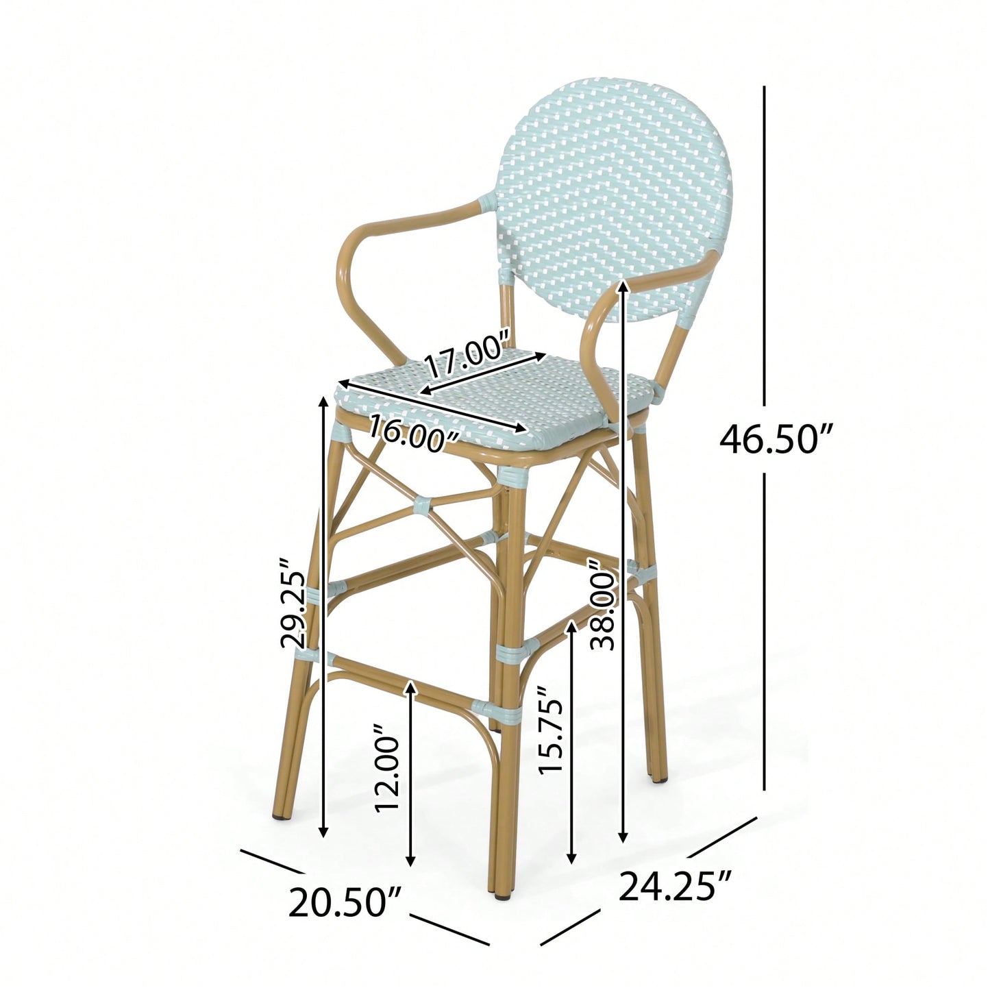 Outdoor Wicker And Aluminum French Barstools Set Of 2 With Bamboo Print Finish 29.5 Inches Navy Blue