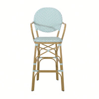 Outdoor Wicker And Aluminum French Barstools Set Of 2 With Bamboo Print Finish 29.5 Inches Navy Blue