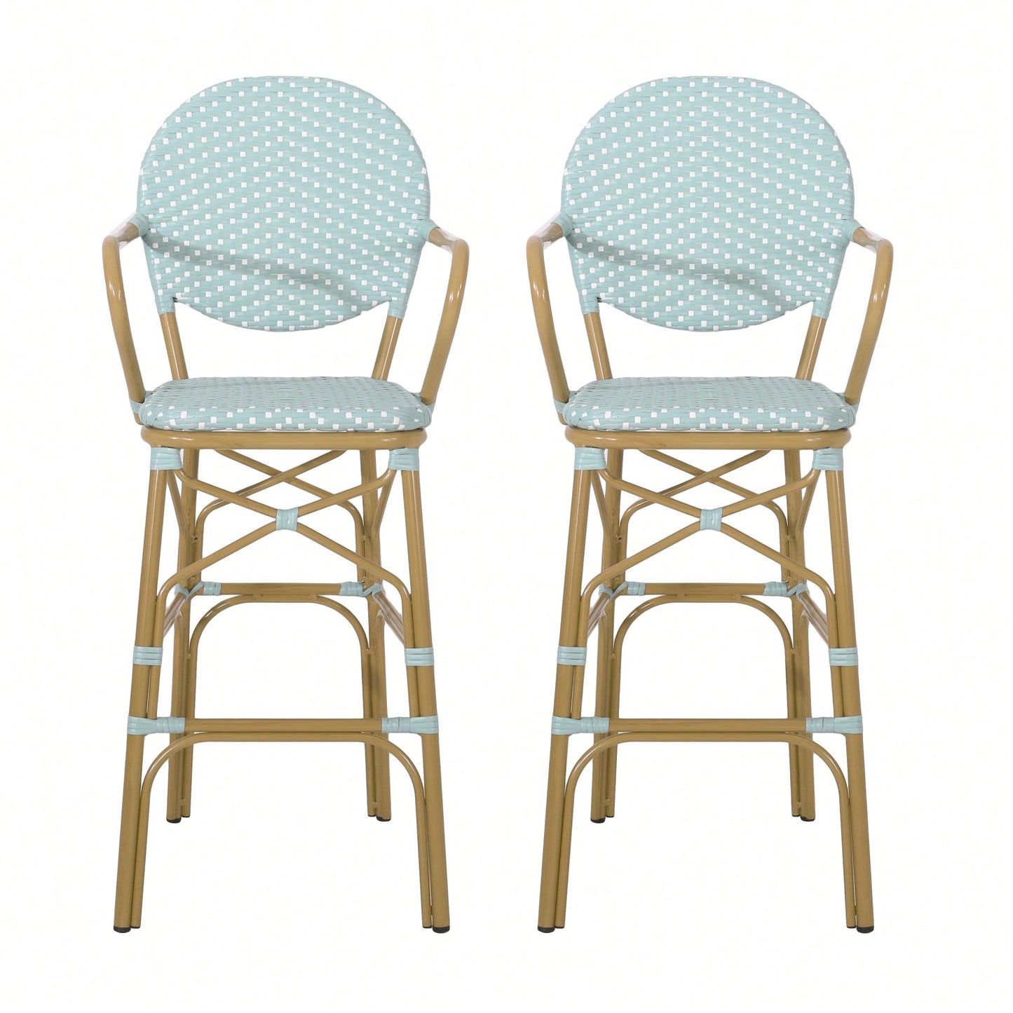 Outdoor Wicker And Aluminum French Barstools Set Of 2 With Bamboo Print Finish 29.5 Inches Navy Blue