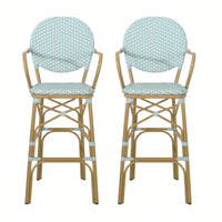 Outdoor Wicker And Aluminum French Barstools Set Of 2 With Bamboo Print Finish 29.5 Inches Navy Blue