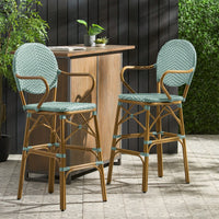 Outdoor Wicker And Aluminum French Barstools Set Of 2 With Bamboo Print Finish 29.5 Inches Navy Blue