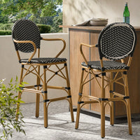 Outdoor Wicker And Aluminum French Barstools Set Of 2 With Bamboo Print Finish 29.5 Inches Navy Blue