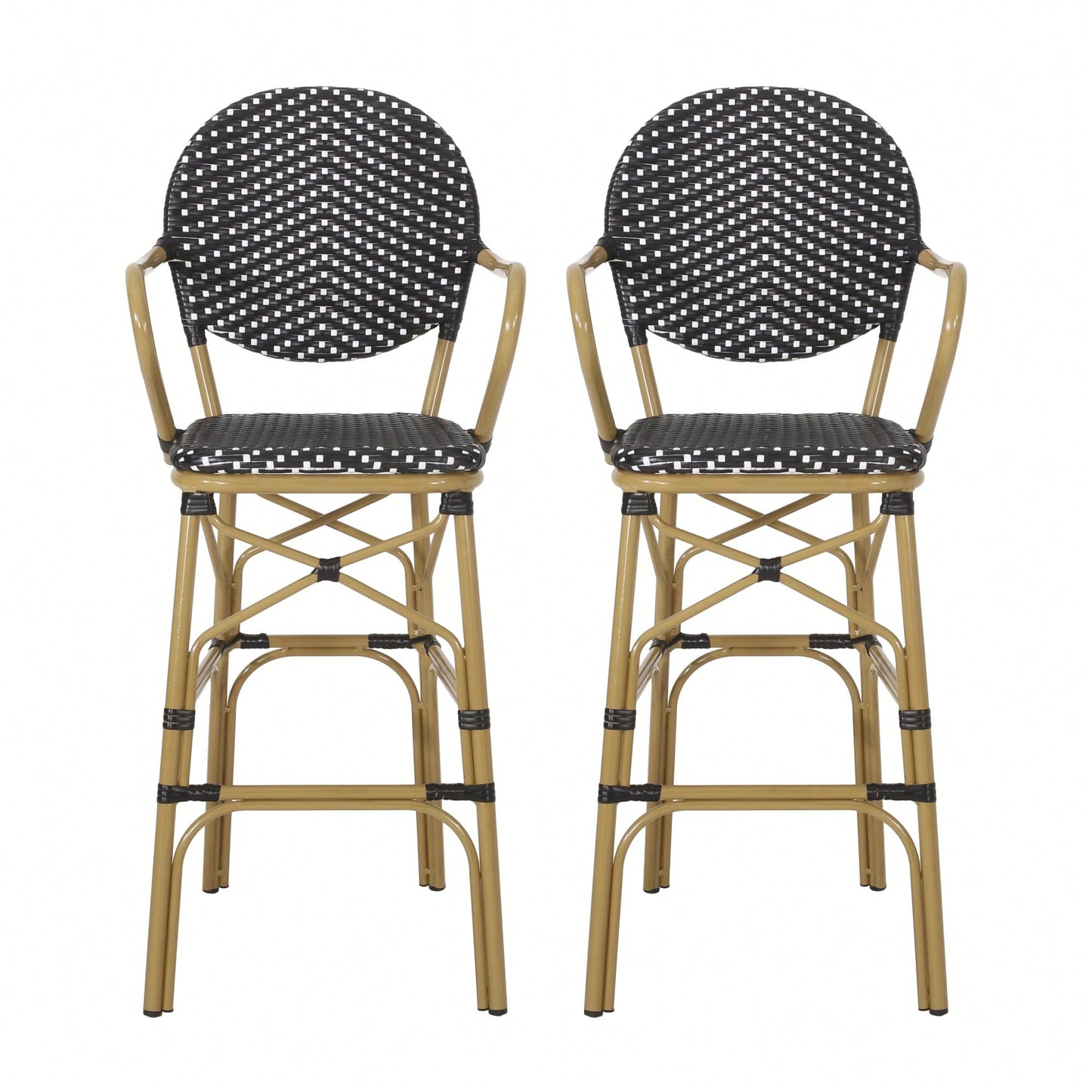 Outdoor Wicker And Aluminum French Barstools Set Of 2 With Bamboo Print Finish 29.5 Inches Navy Blue