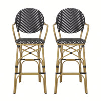 Outdoor Wicker And Aluminum French Barstools Set Of 2 With Bamboo Print Finish 29.5 Inches Navy Blue