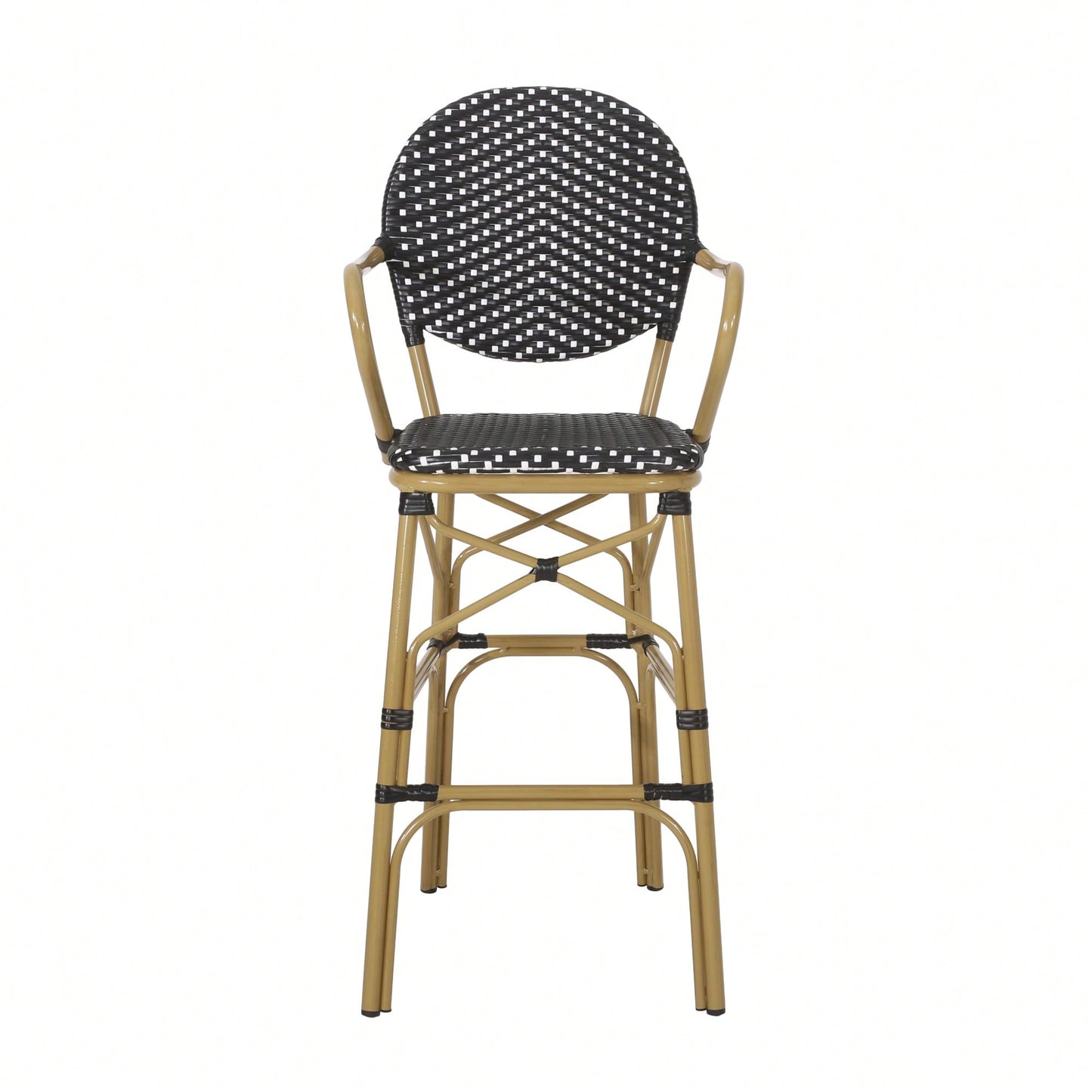 Outdoor Wicker And Aluminum French Barstools Set Of 2 With Bamboo Print Finish 29.5 Inches Navy Blue