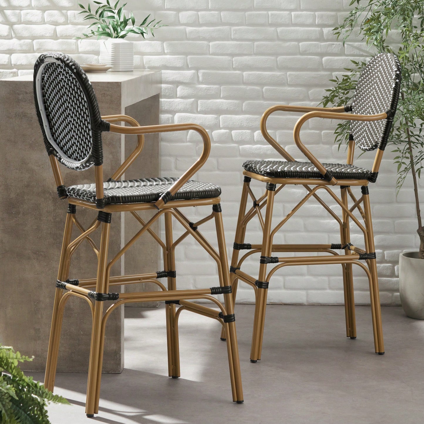 Outdoor Wicker And Aluminum French Barstools Set Of 2 With Bamboo Print Finish 29.5 Inches Navy Blue