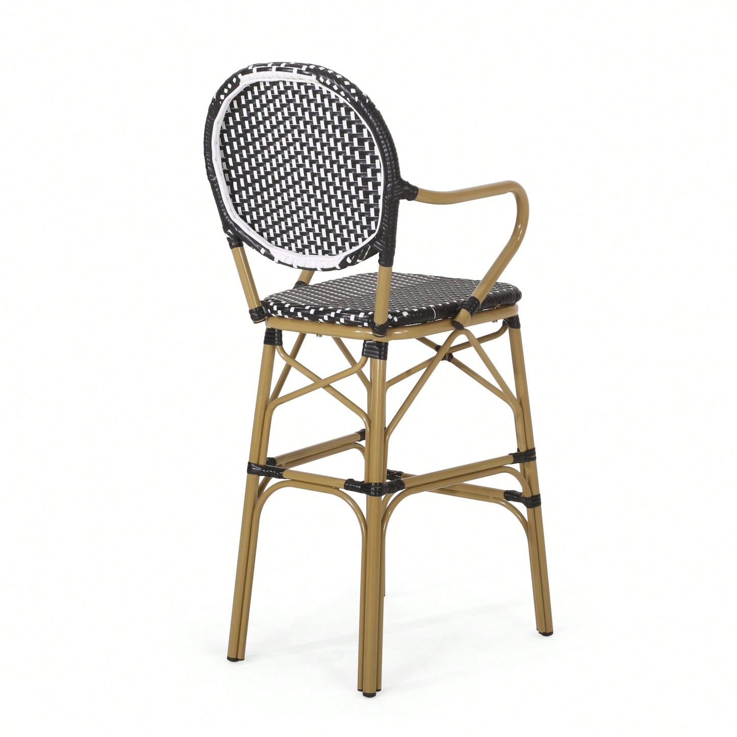 Outdoor Wicker And Aluminum French Barstools Set Of 2 With Bamboo Print Finish 29.5 Inches Navy Blue