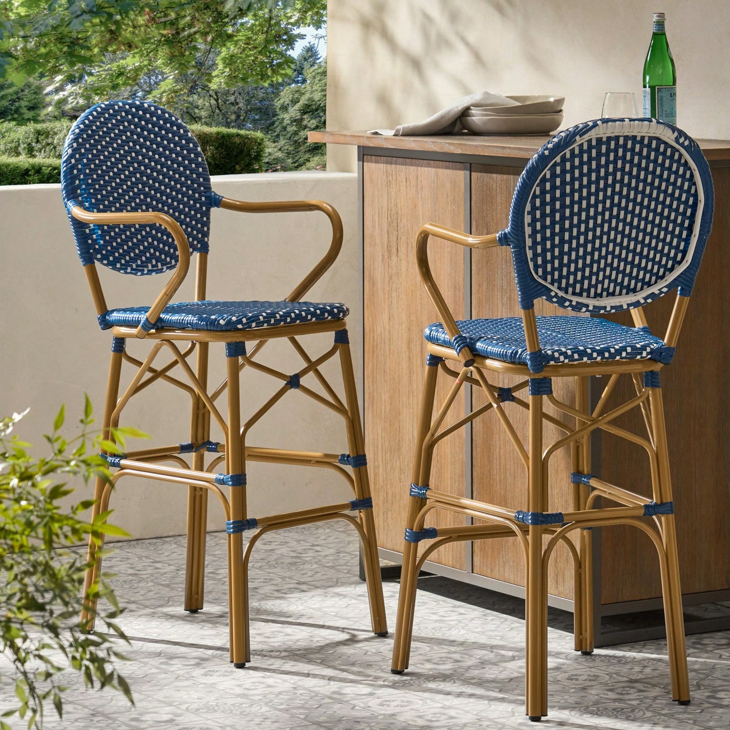 Outdoor Wicker And Aluminum French Barstools Set Of 2 With Bamboo Print Finish 29.5 Inches Navy Blue