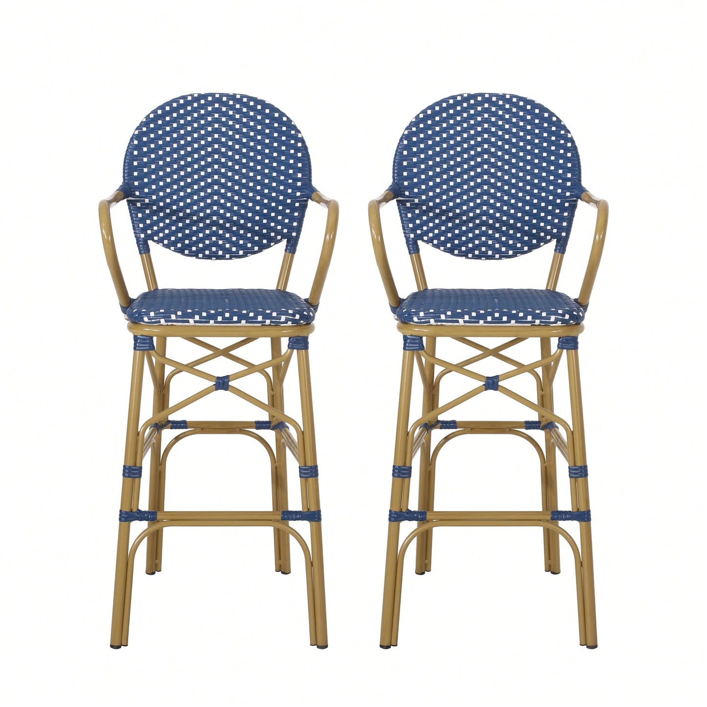 Outdoor Wicker And Aluminum French Barstools Set Of 2 With Bamboo Print Finish 29.5 Inches Navy Blue