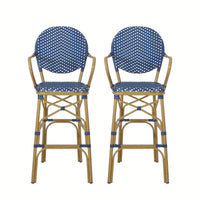 Outdoor Wicker And Aluminum French Barstools Set Of 2 With Bamboo Print Finish 29.5 Inches Navy Blue