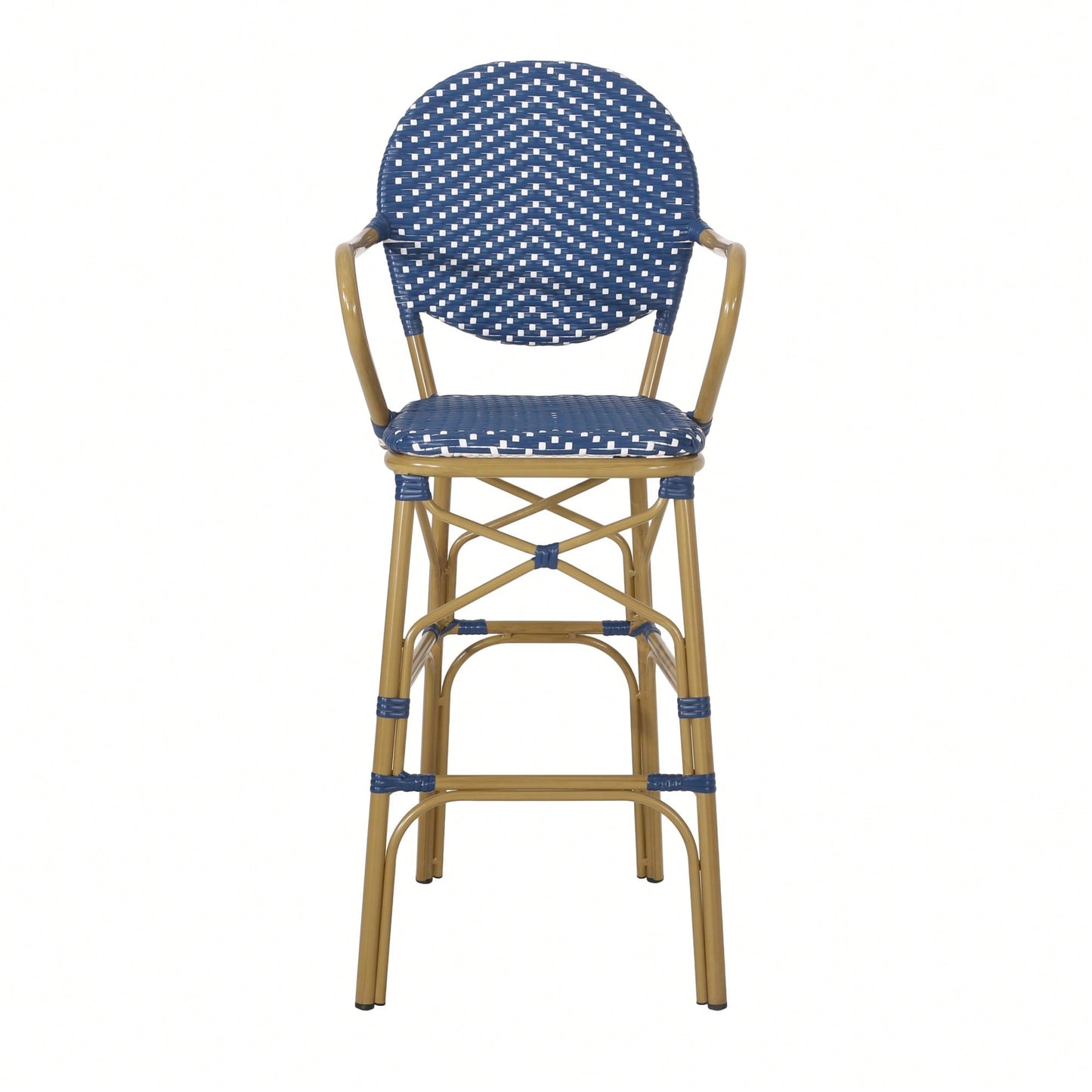 Outdoor Wicker And Aluminum French Barstools Set Of 2 With Bamboo Print Finish 29.5 Inches Navy Blue