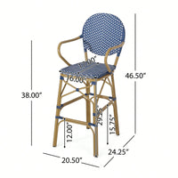 Outdoor Wicker And Aluminum French Barstools Set Of 2 With Bamboo Print Finish 29.5 Inches Navy Blue