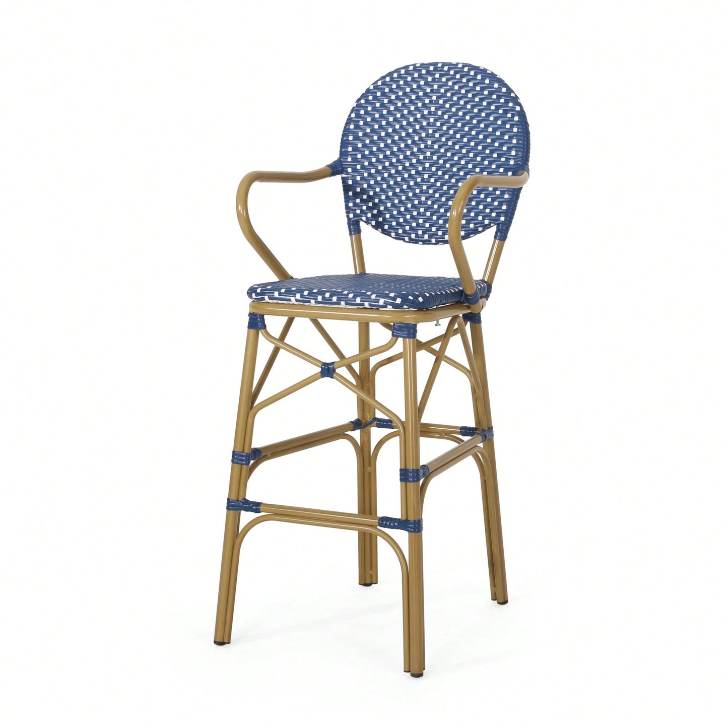 Outdoor Wicker And Aluminum French Barstools Set Of 2 With Bamboo Print Finish 29.5 Inches Navy Blue