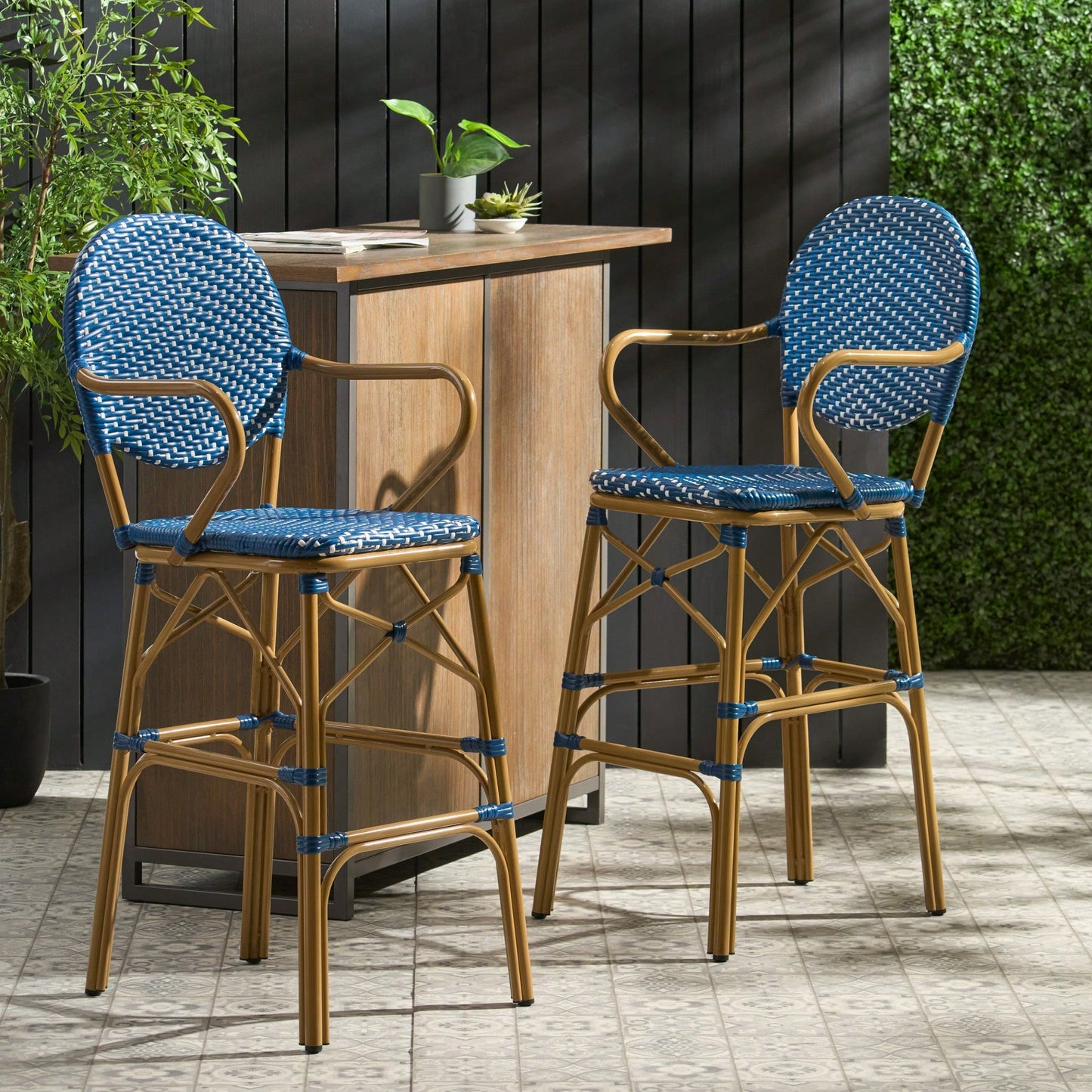 Outdoor Wicker And Aluminum French Barstools Set Of 2 With Bamboo Print Finish 29.5 Inches Navy Blue