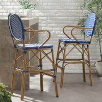 Outdoor Wicker And Aluminum French Barstools Set Of 2 With Bamboo Print Finish 29.5 Inches Navy Blue