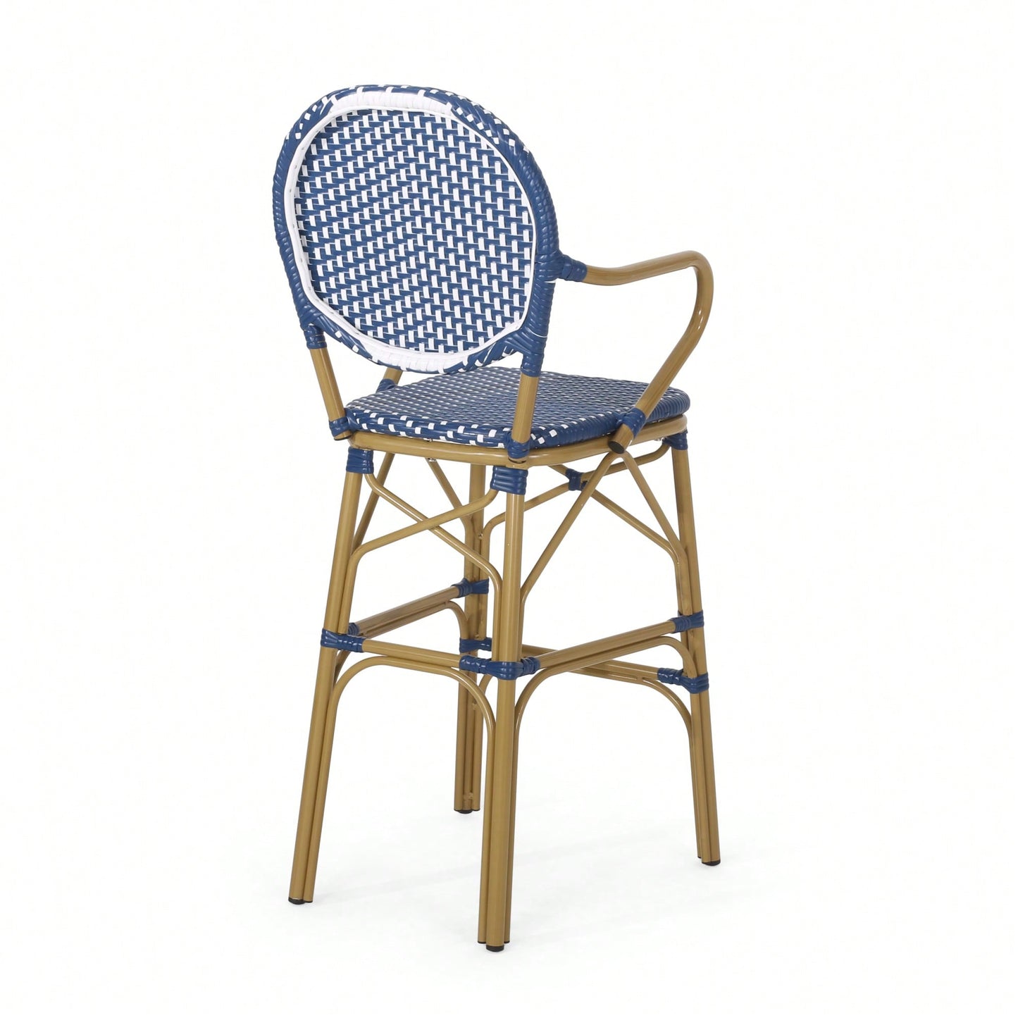 Outdoor Wicker And Aluminum French Barstools Set Of 2 With Bamboo Print Finish 29.5 Inches Navy Blue