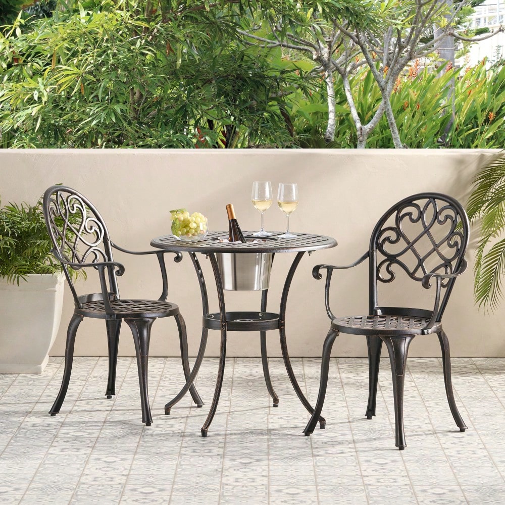 3-Piece Cast Bistro Set With Ice Bucket For Outdoor Dining And Entertaining