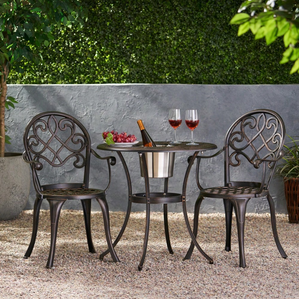 3-Piece Cast Bistro Set With Ice Bucket For Outdoor Dining And Entertaining