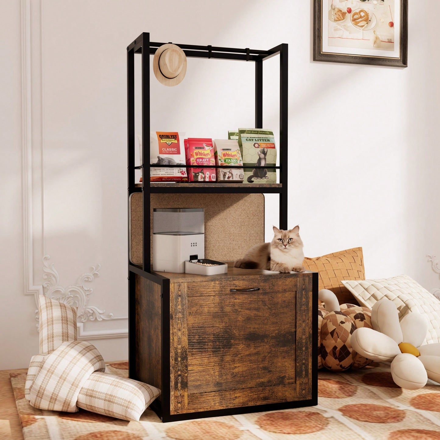 Refined Cat Litter Box Enclosure With Storage Shelves And Hanging Rack, 4-In-1 Hidden Furniture With Reversible Entrance, Rustic Brown