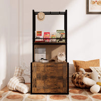 Refined Cat Litter Box Enclosure With Storage Shelves And Hanging Rack, 4-In-1 Hidden Furniture With Reversible Entrance, Rustic Brown