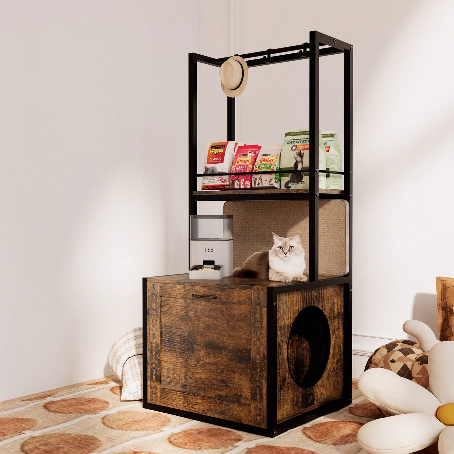 Refined Cat Litter Box Enclosure With Storage Shelves And Hanging Rack, 4-In-1 Hidden Furniture With Reversible Entrance, Rustic Brown